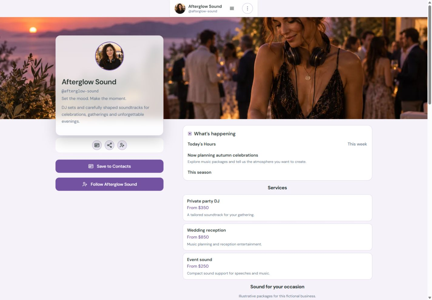Actual Afterglow Sound NciteMe profile shown on a desktop page.