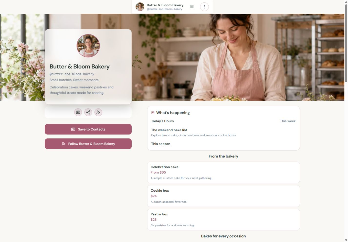 Actual Butter & Bloom Bakery NciteMe profile shown on a desktop page.