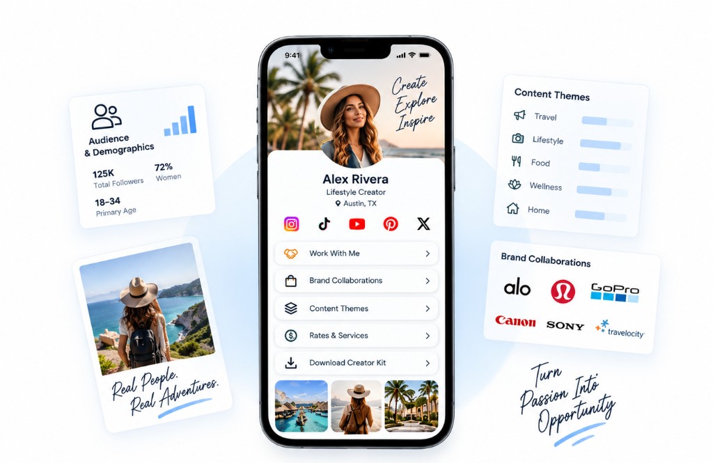 Creator kit example with a lifestyle creator Smart Bio and partnership stats