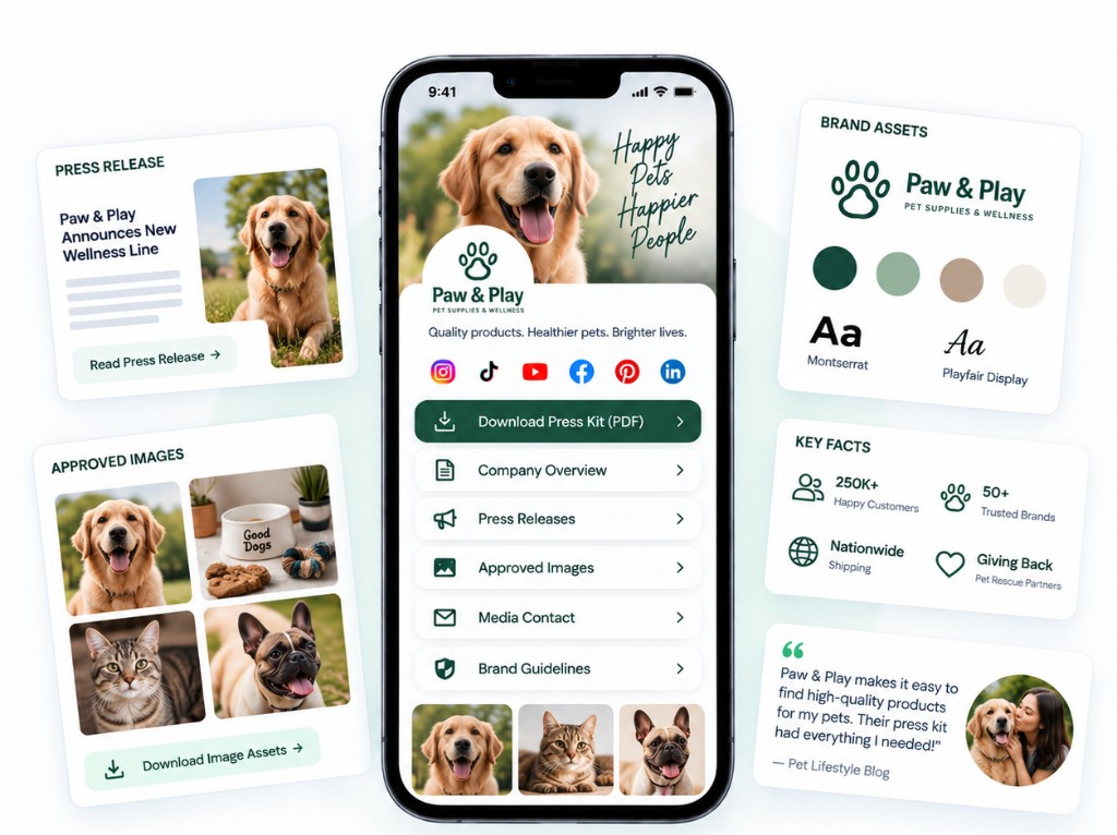 Press kit example with brand assets, press releases, and approved images
